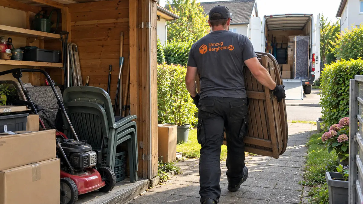 Entrümpelung Bergheim: Umzugshelfer trägt Gartentisch aus dem Gartenhaus