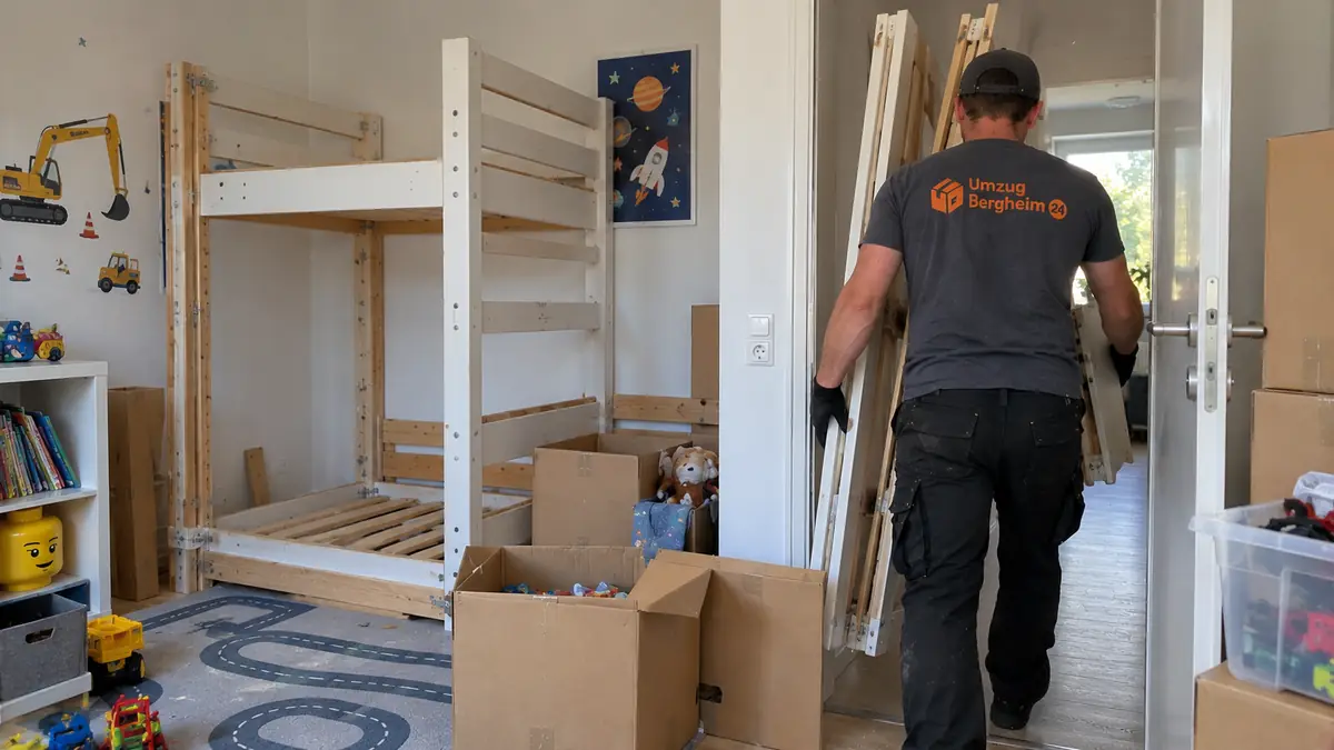 Familienumzug Bergheim: Umzugshelfer trägt Teile eines Etagenbetts aus dem Kinderzimmer