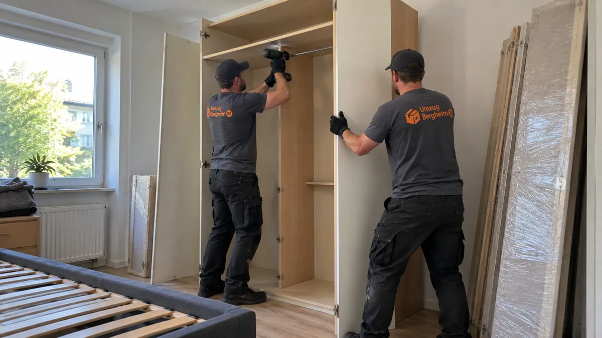 Möbelmontage Bergheim: zwei Umzugshelfer bauen einen Kleiderschrank ab