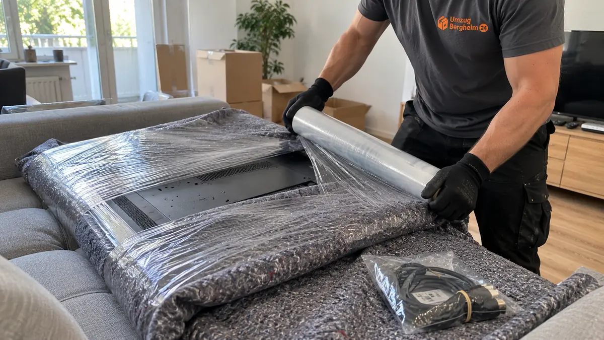Möbeltransport Bergheim: Fernseher wird in Decke und Folie verpackt