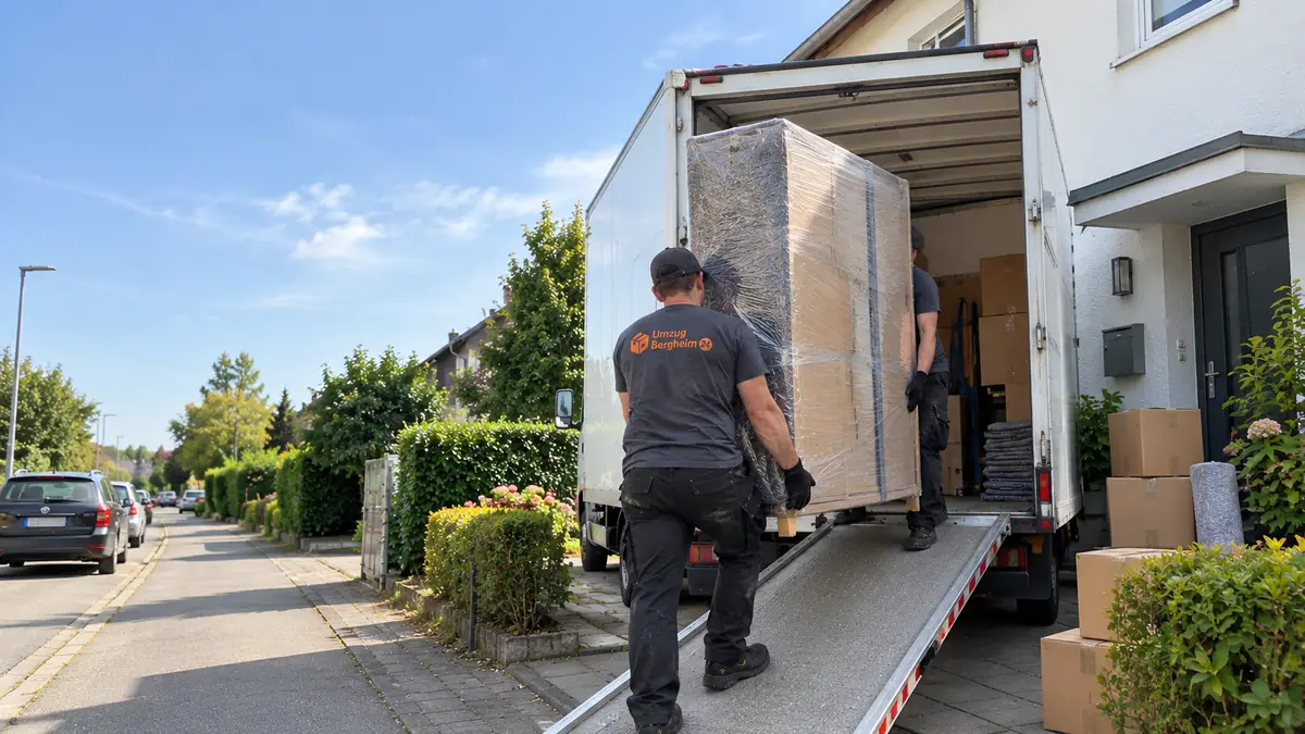Umzug Bergheim: zwei Umzugshelfer von Umzug Bergheim 24 tragen einen verpackten Schrank über die Rampe in den LKW
