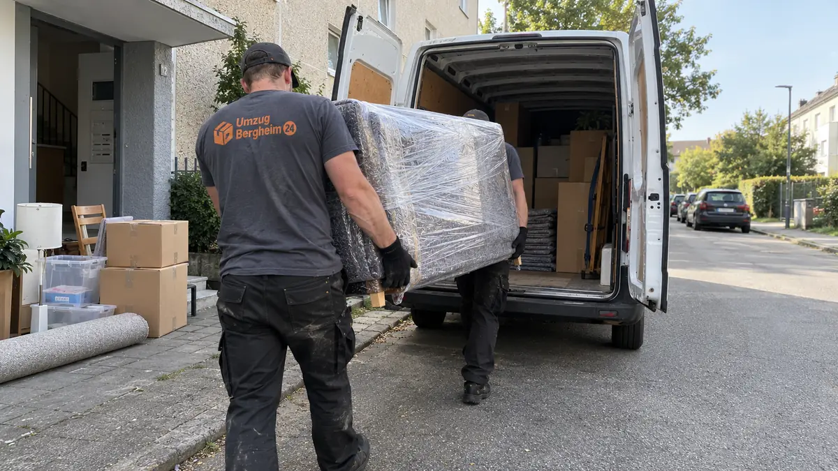 Privatumzug Bergheim: zwei Umzugshelfer tragen ein verpacktes Sofa zum Transporter